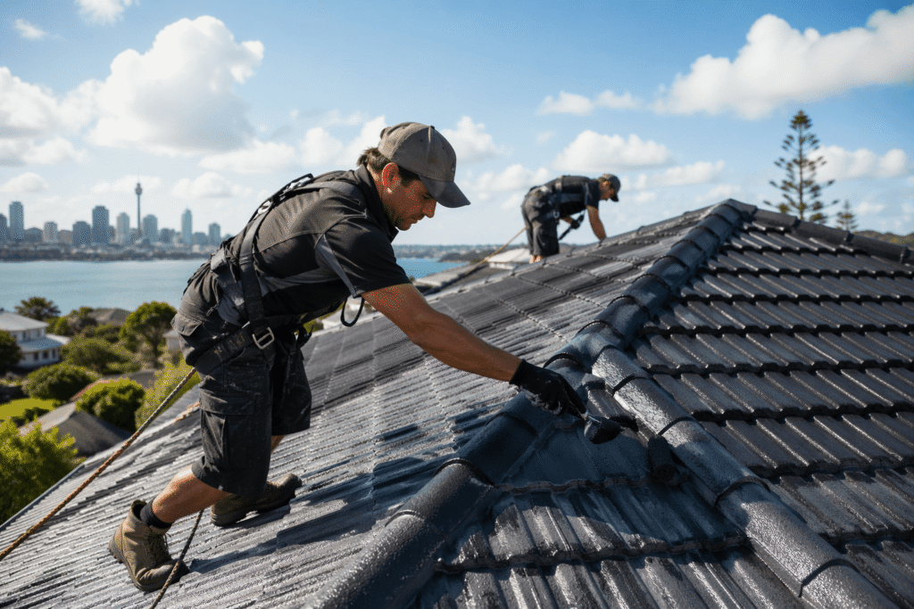 Professional roofing contractors restoring a residential roof in Auckland, New Zealand, applying coating on tiled roofing under clear daylight with city skyline in the background