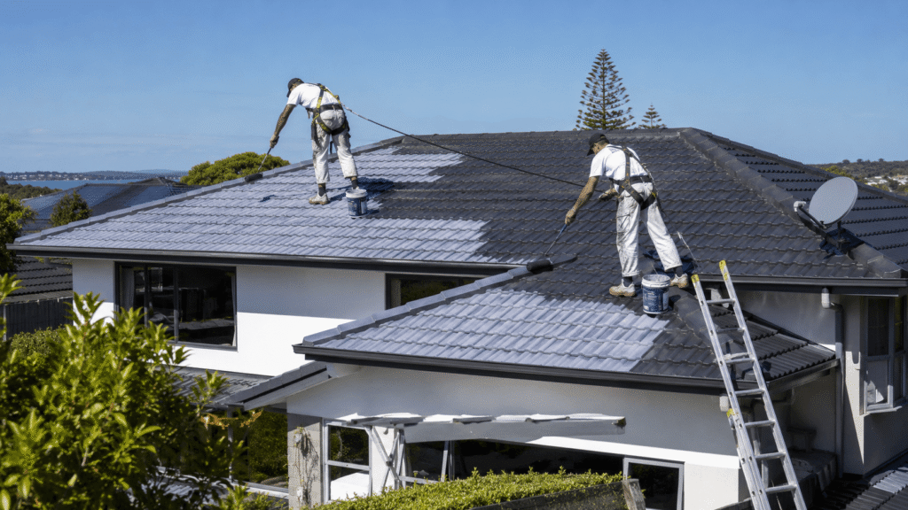Professional roof painters applying roof coating to a concrete tile roof on a modern Auckland home, with safety harnesses, ladders, and a clean residential roofing job site in bright daylight.